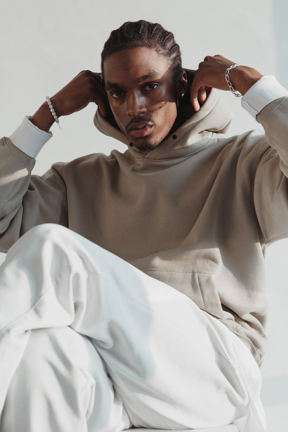 The Surrender Hoodie in Oat with chalk joggers